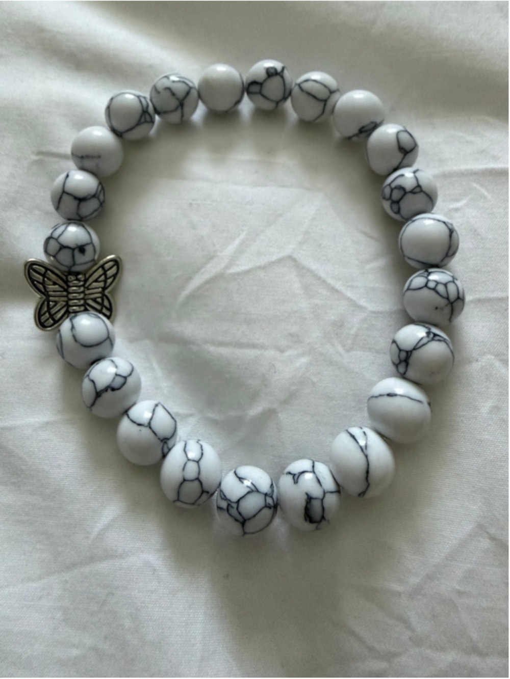 Unbranded White & Black Beaded Butterfly Charm Bracelet One Size